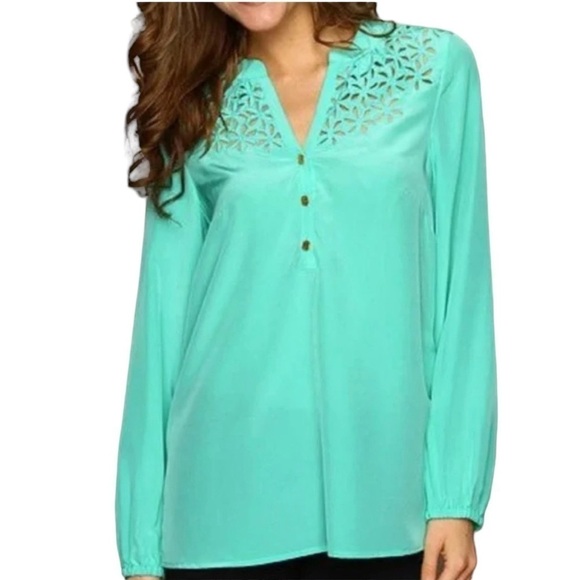 Lilly Pulitzer Tops - Lilly Pulitzer - NWT Silk Elsa Floral Embroidered
Eyelet Blouse Lagoon Sz S